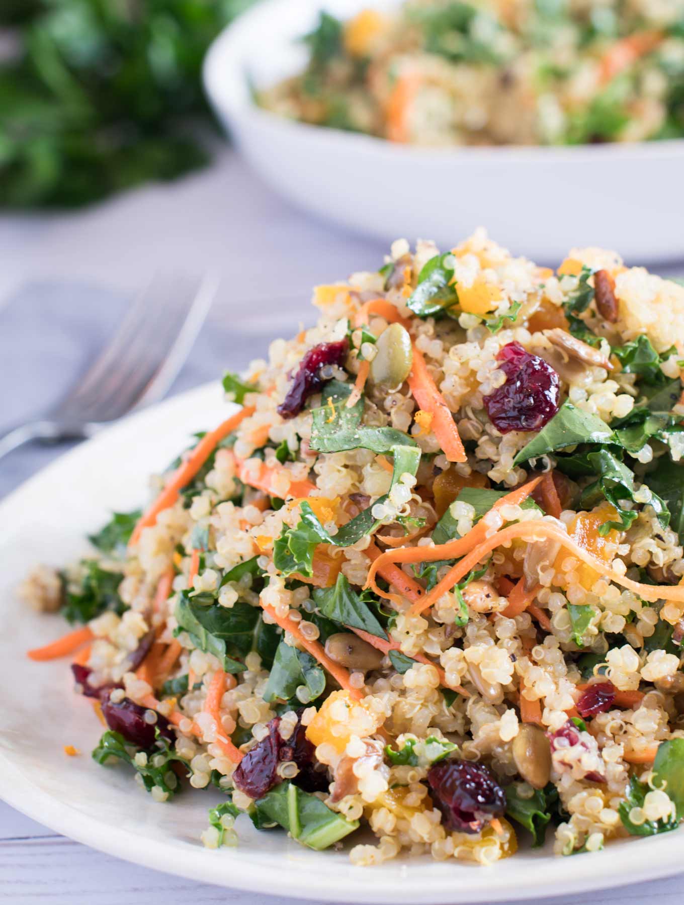 A winter kale and quinoa salad on a white plate.