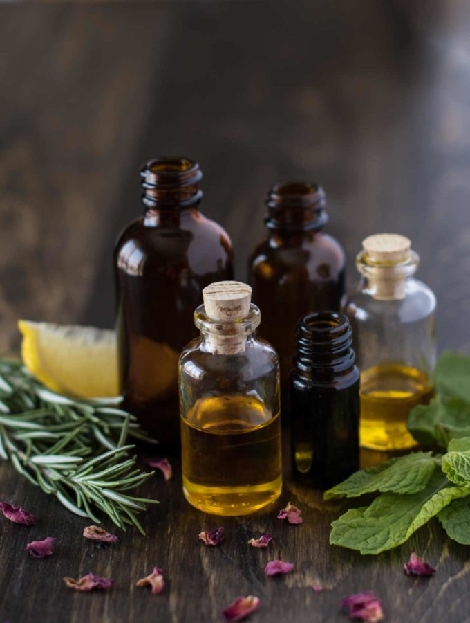 Essential Oils Amber jars vials Rosemary lemon mint rose