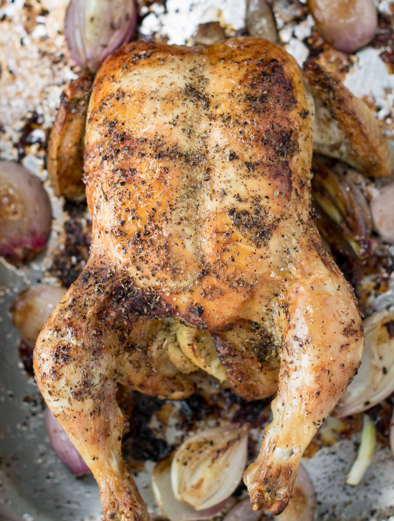 Whole roasted chicken in a roasting pan.