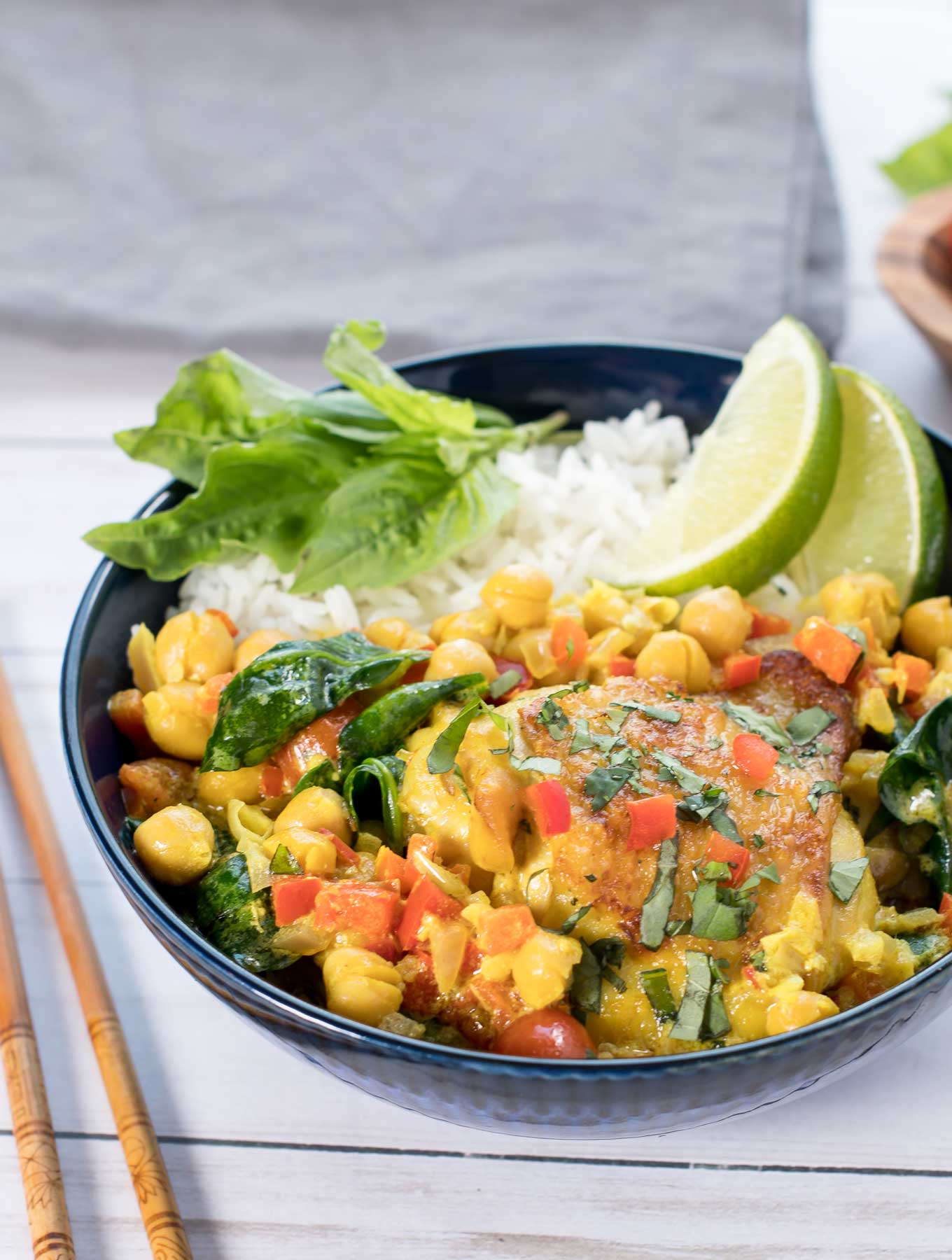 Bowl of coconut curry chicken and rice