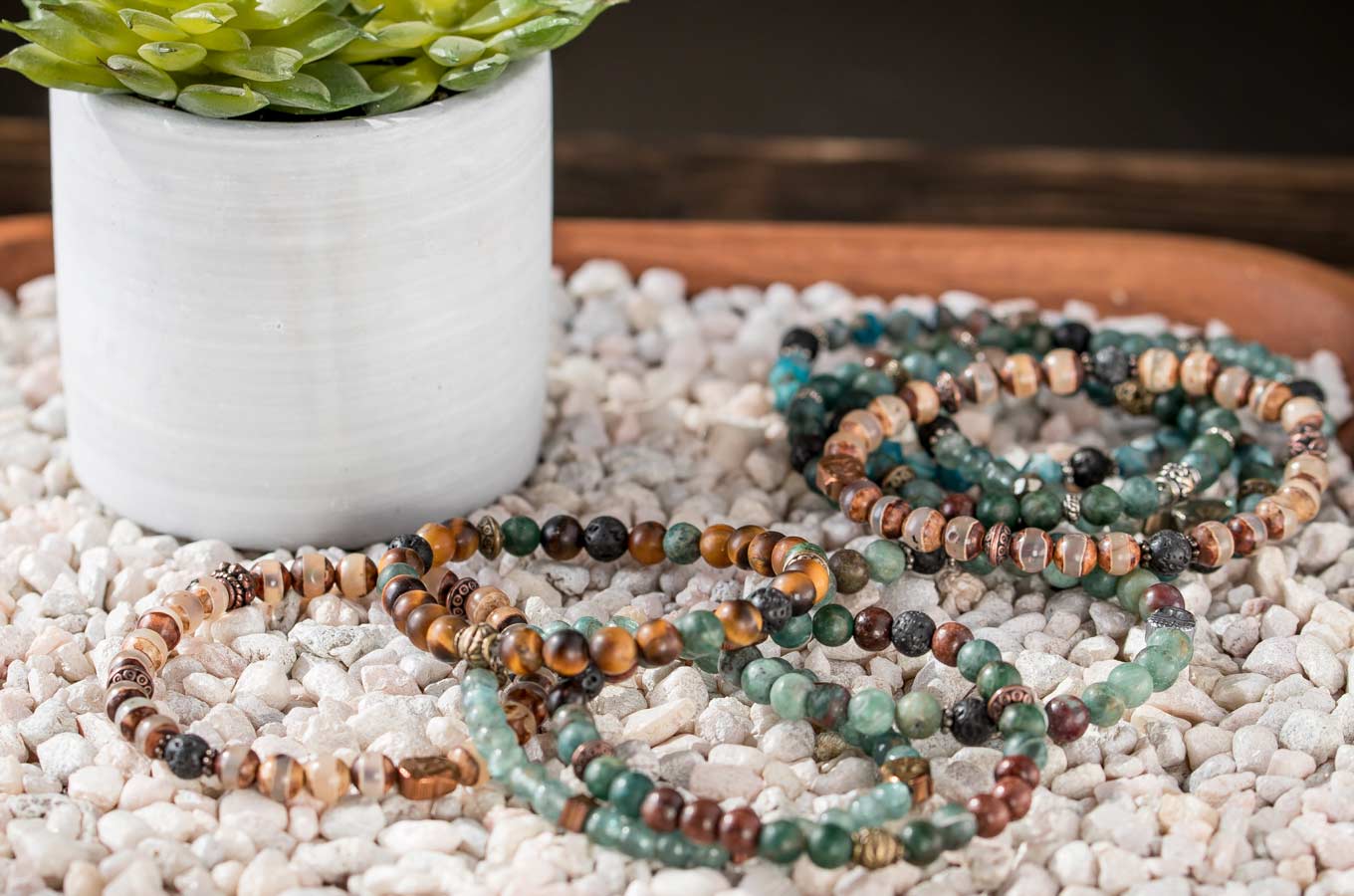 DIY Essential Oil Bracelets on a tray