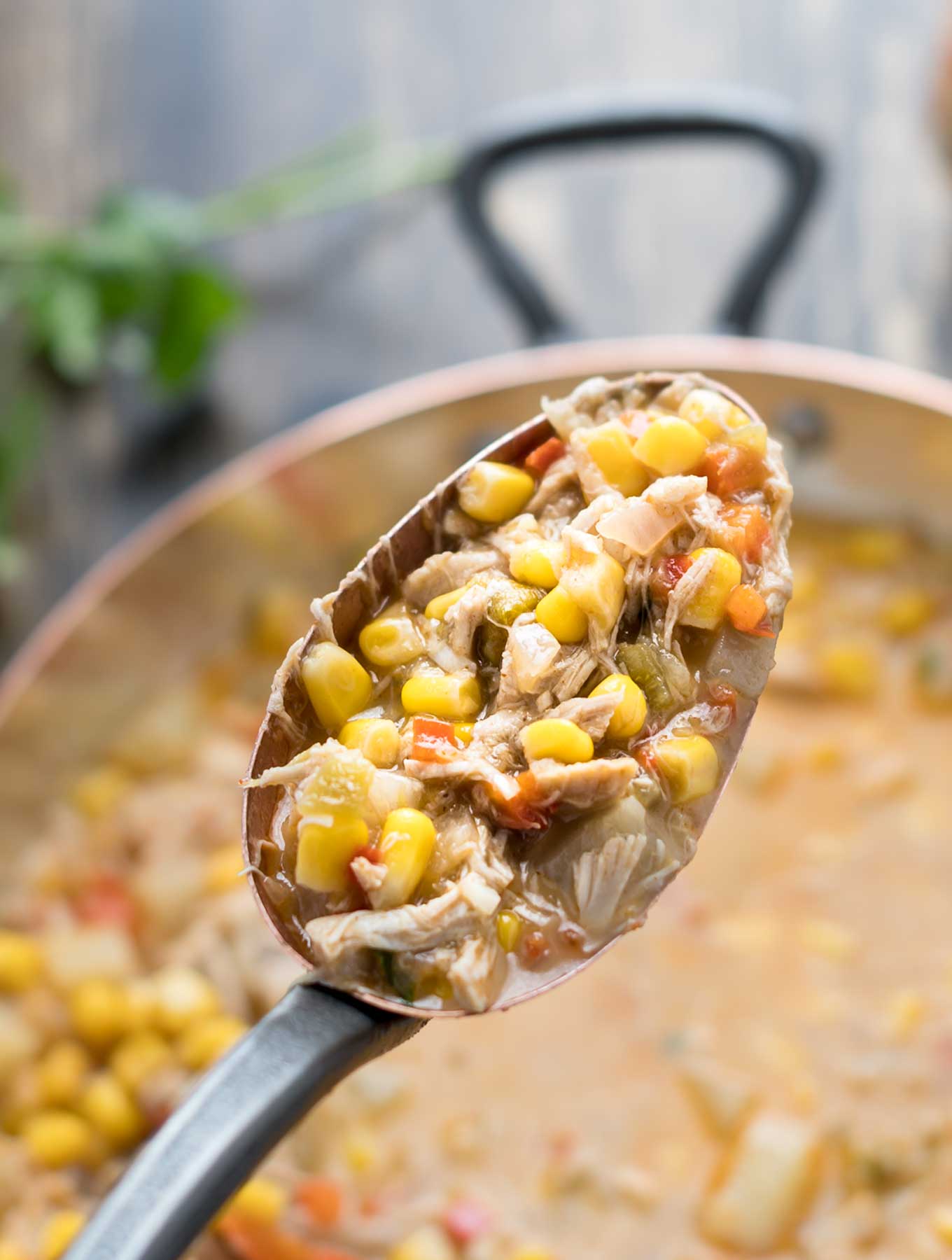 Close up spoon of Southwest Corn Chowder