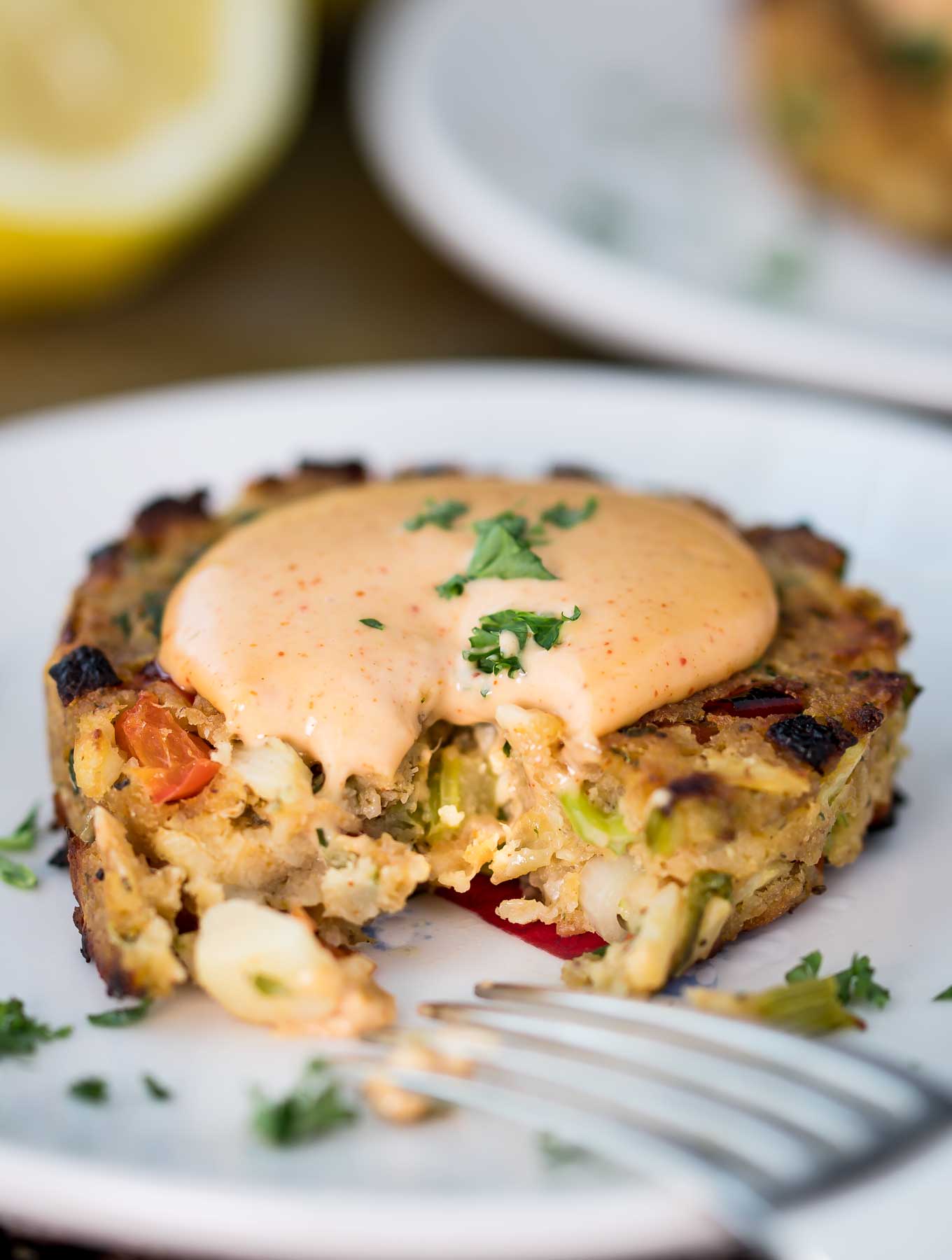 Faux crab cake with chipotle aioli on a plate