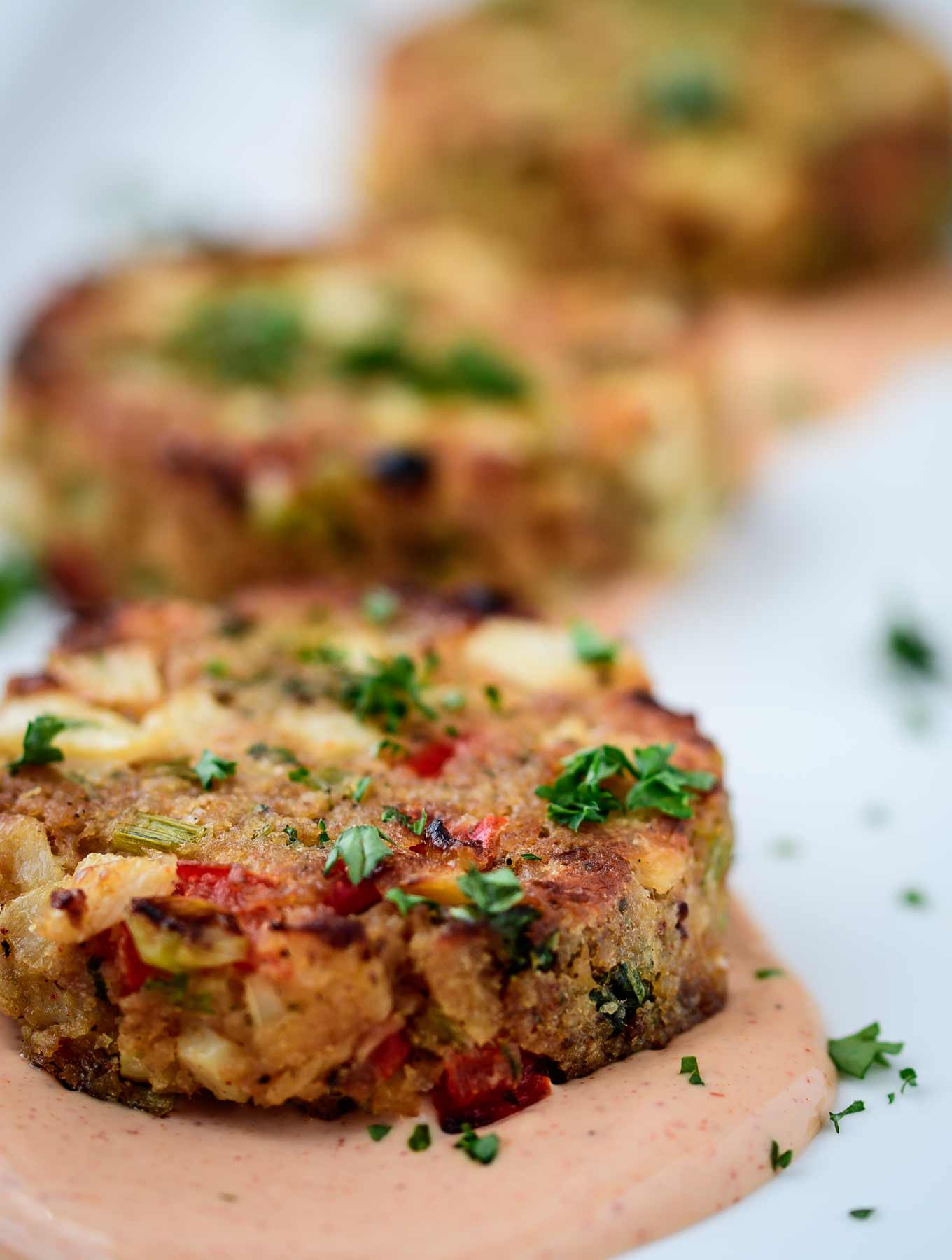 Platter of faux crab cakes with chipotle aioli