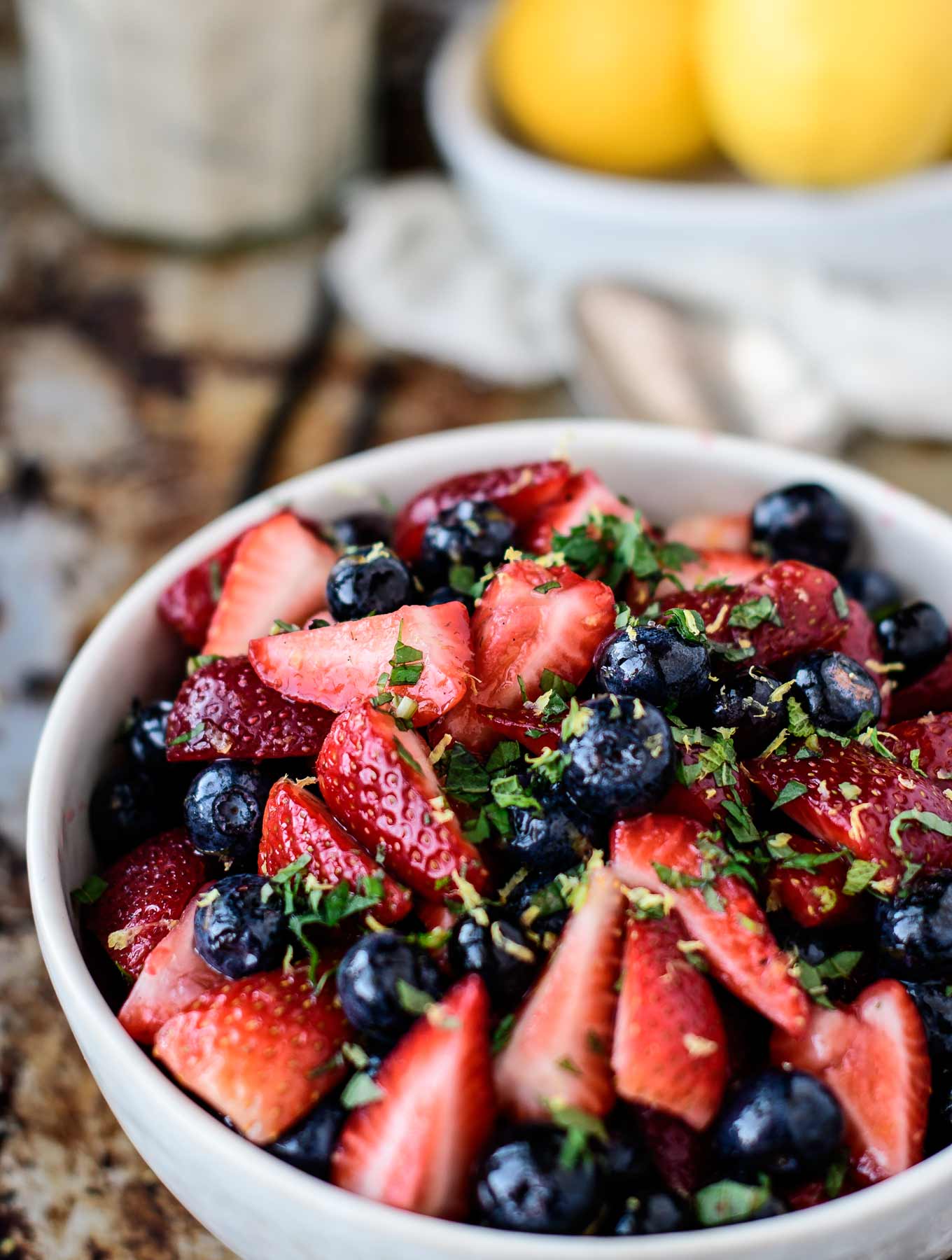 bowl of lemon berry mint salad