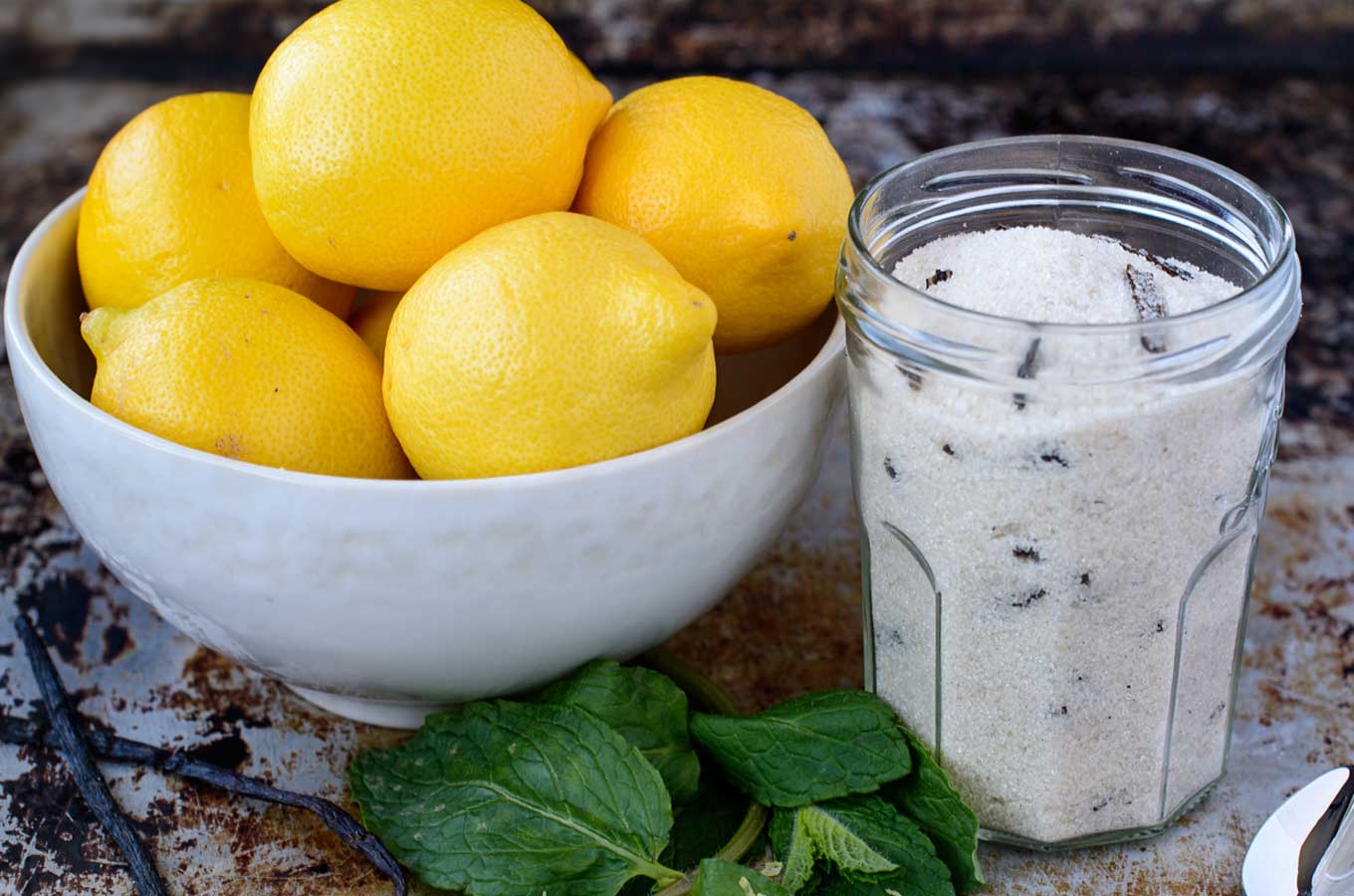 Bowl of lemons with vanilla bean sugar