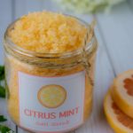 Glass jar of citrus mint salt scrub