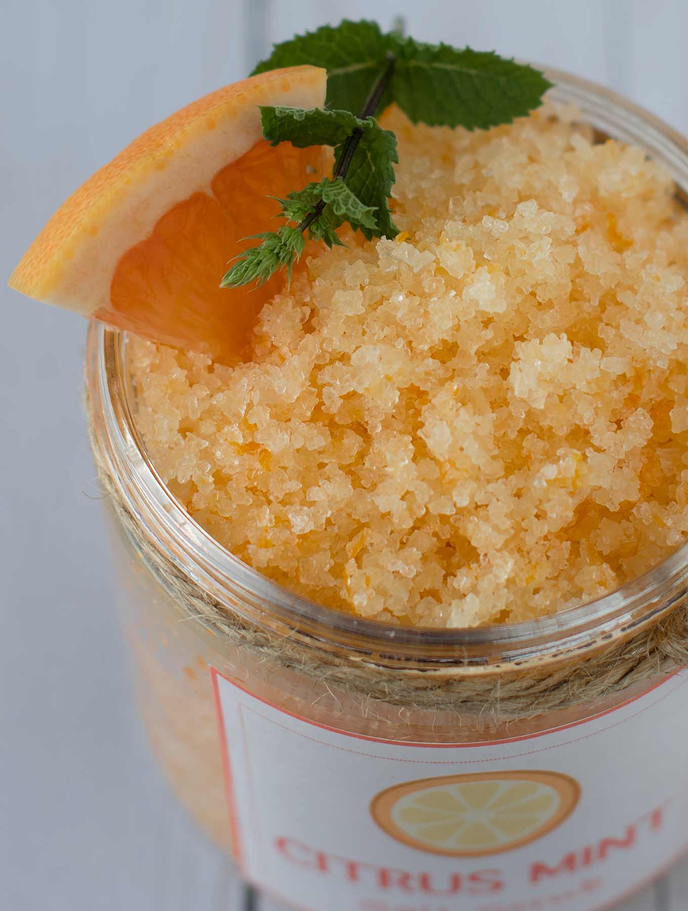 Glass jar of citrus mint salt scrub