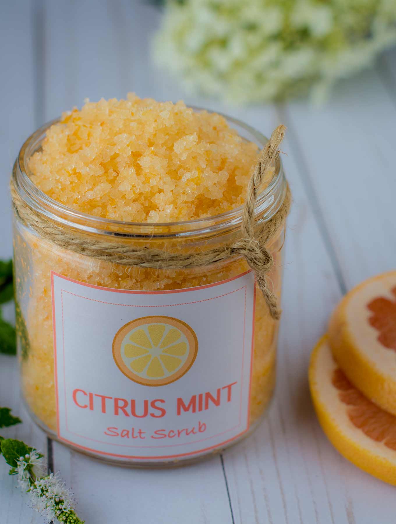 Glass jar of citrus mint salt scrub