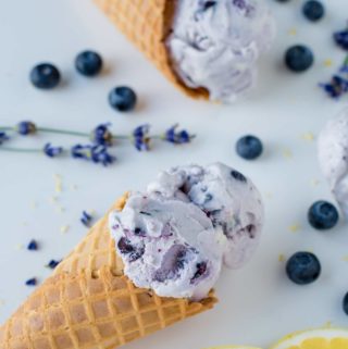 Ice cream cones filled with lavender blueberry lemon ice cream