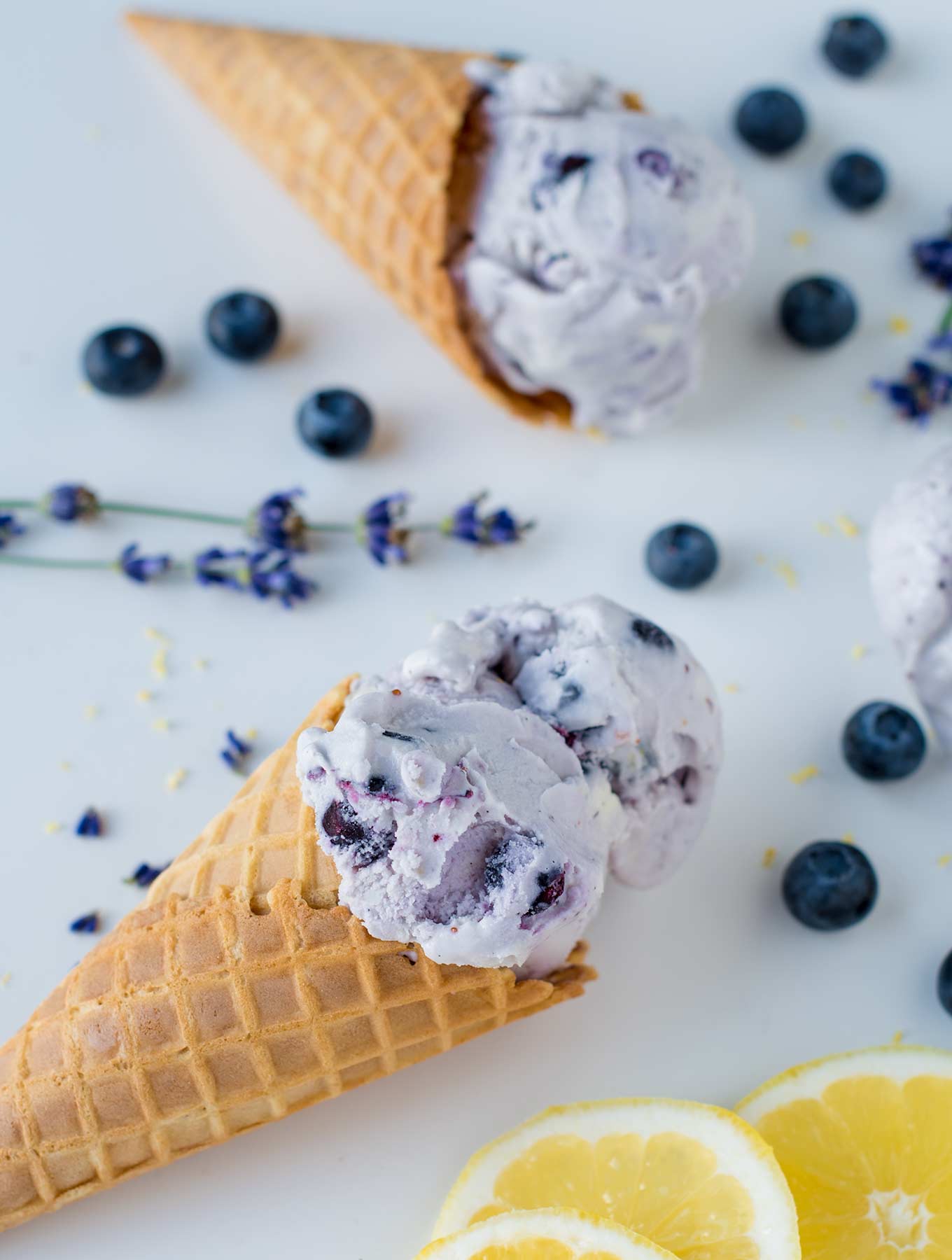 Ice cream cones filled with lavender blueberry lemon ice cream