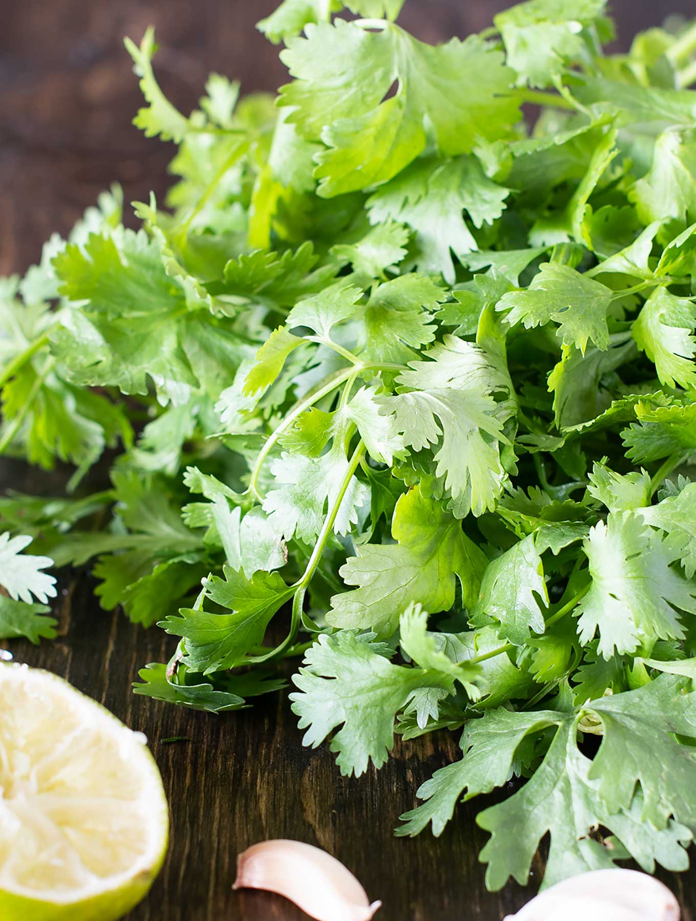 Fresh cilantro with lime and garlic