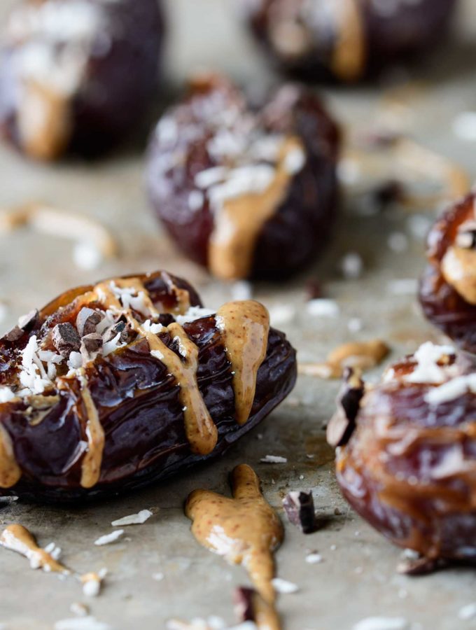 Dates stuffed with almond butter, coconut, cacao nibs and smoked salt.
