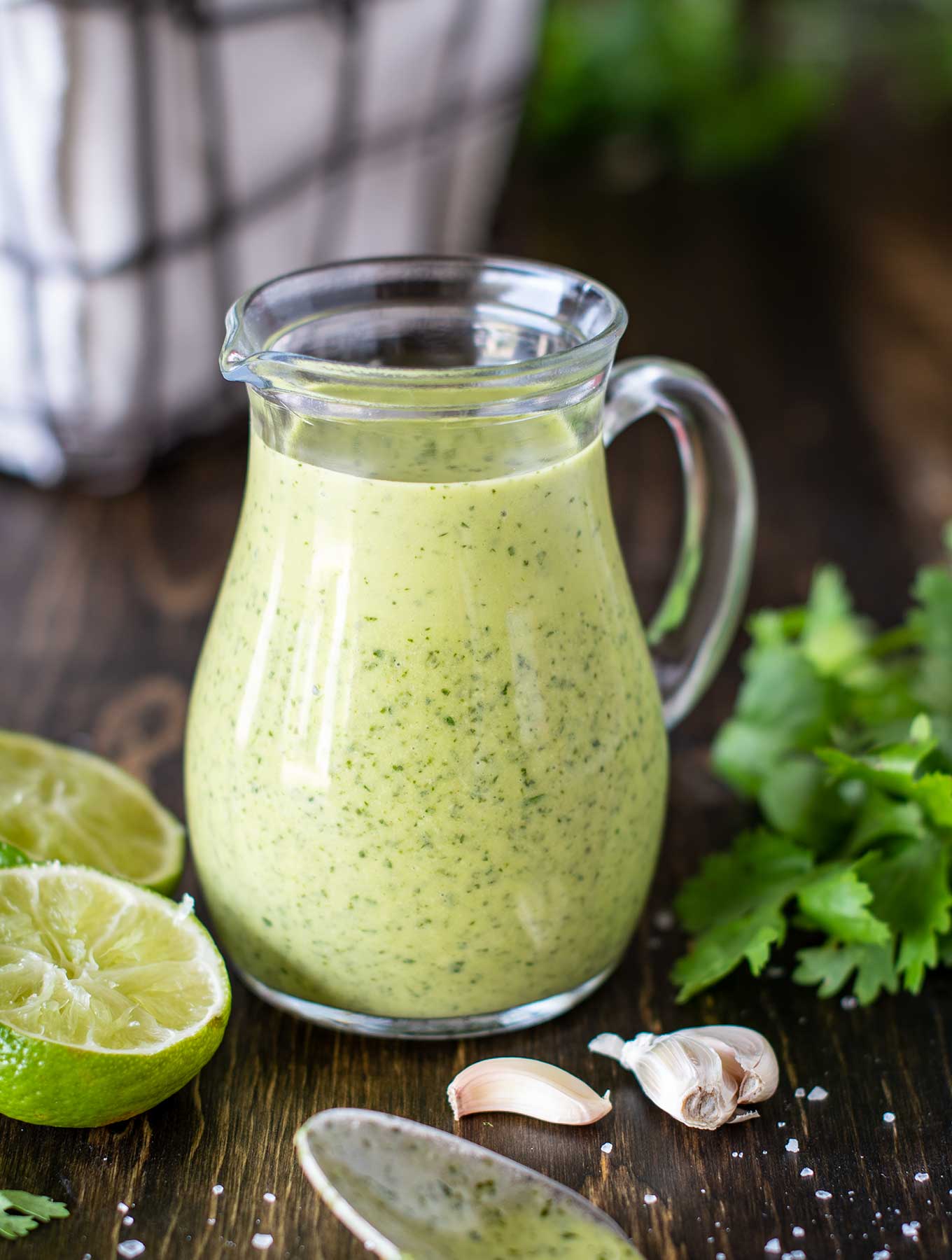 Mini pitcher of cilantro lime dressing