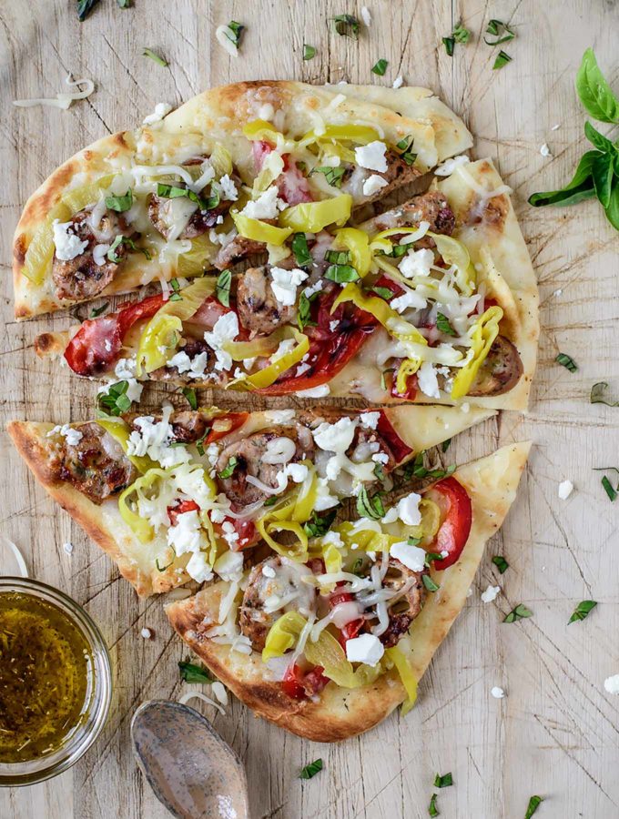 Mediterranean Flatbread on wood board