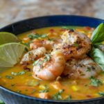 Bowl of corn chowder with shrimp on top