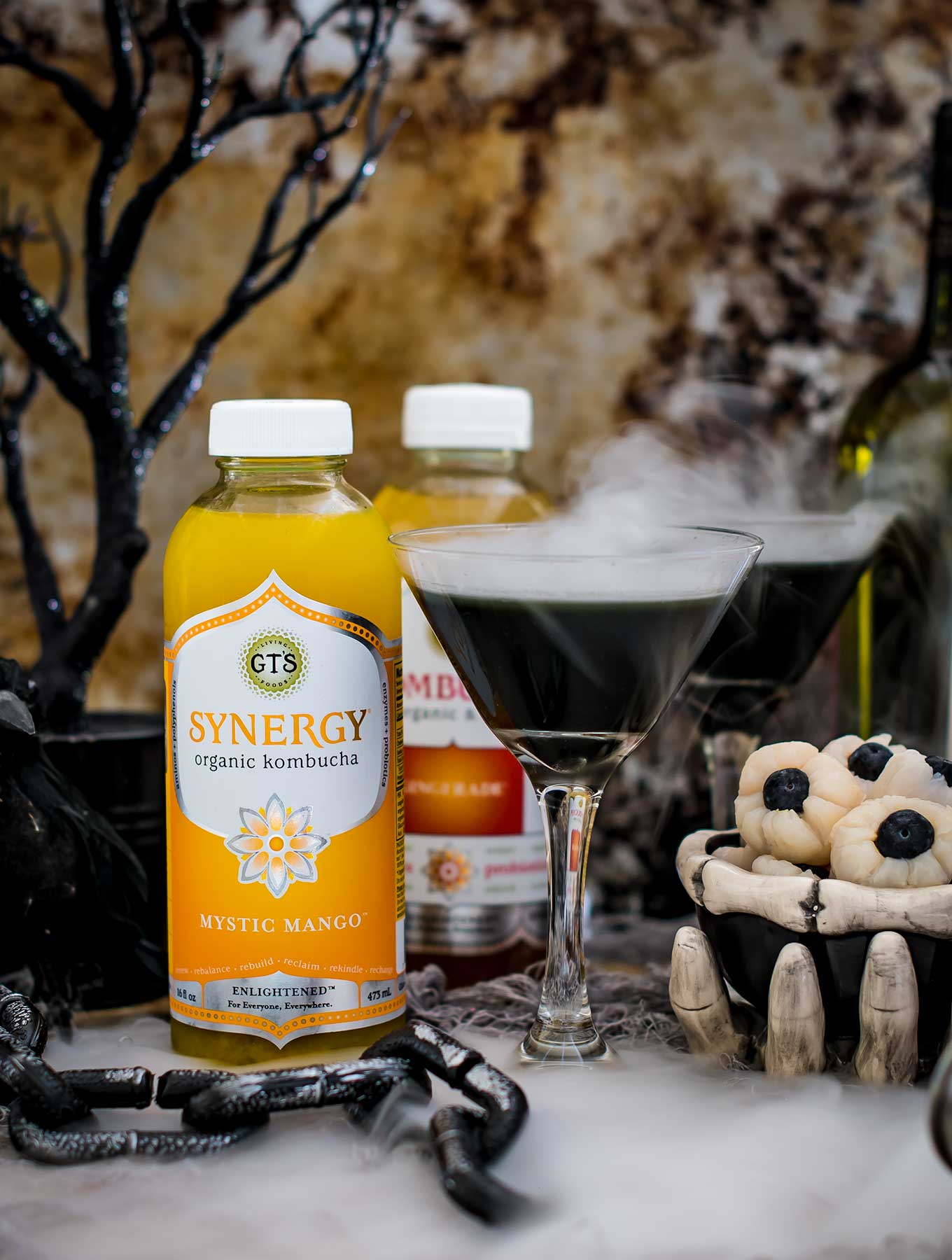 Halloween kombucha cocktails in a spooky scene