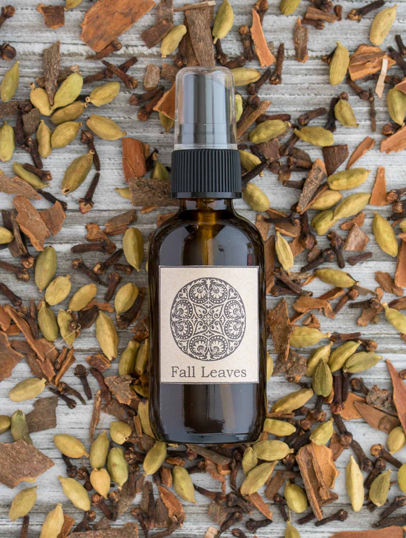 Bottle of fall room spray with spices