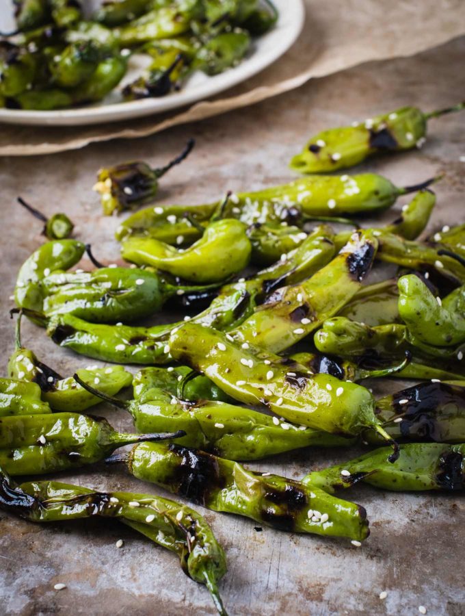 Shishito peppers on a pan