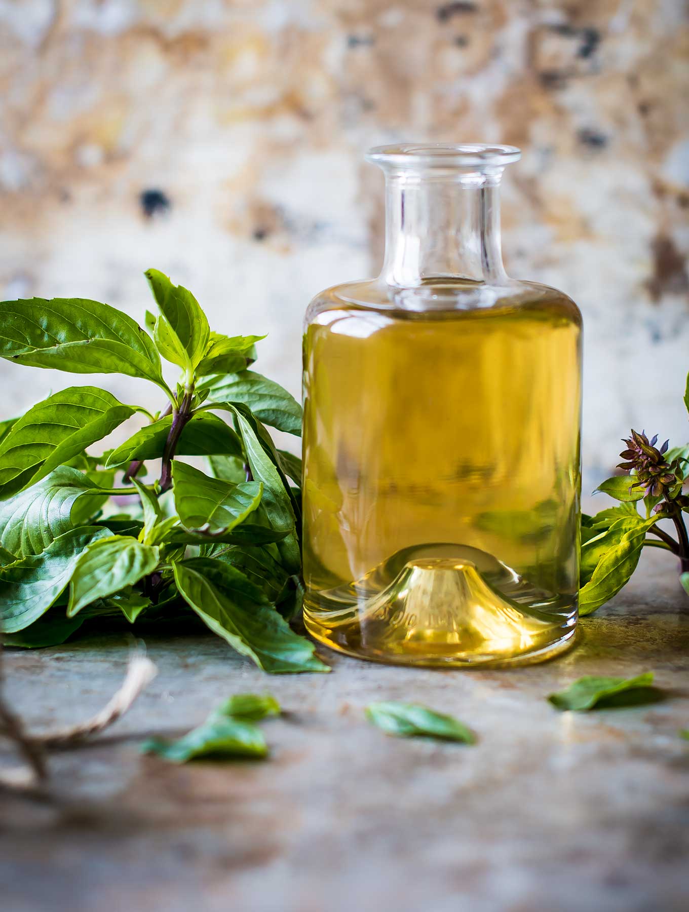 A bottle of thai basil simple syrup