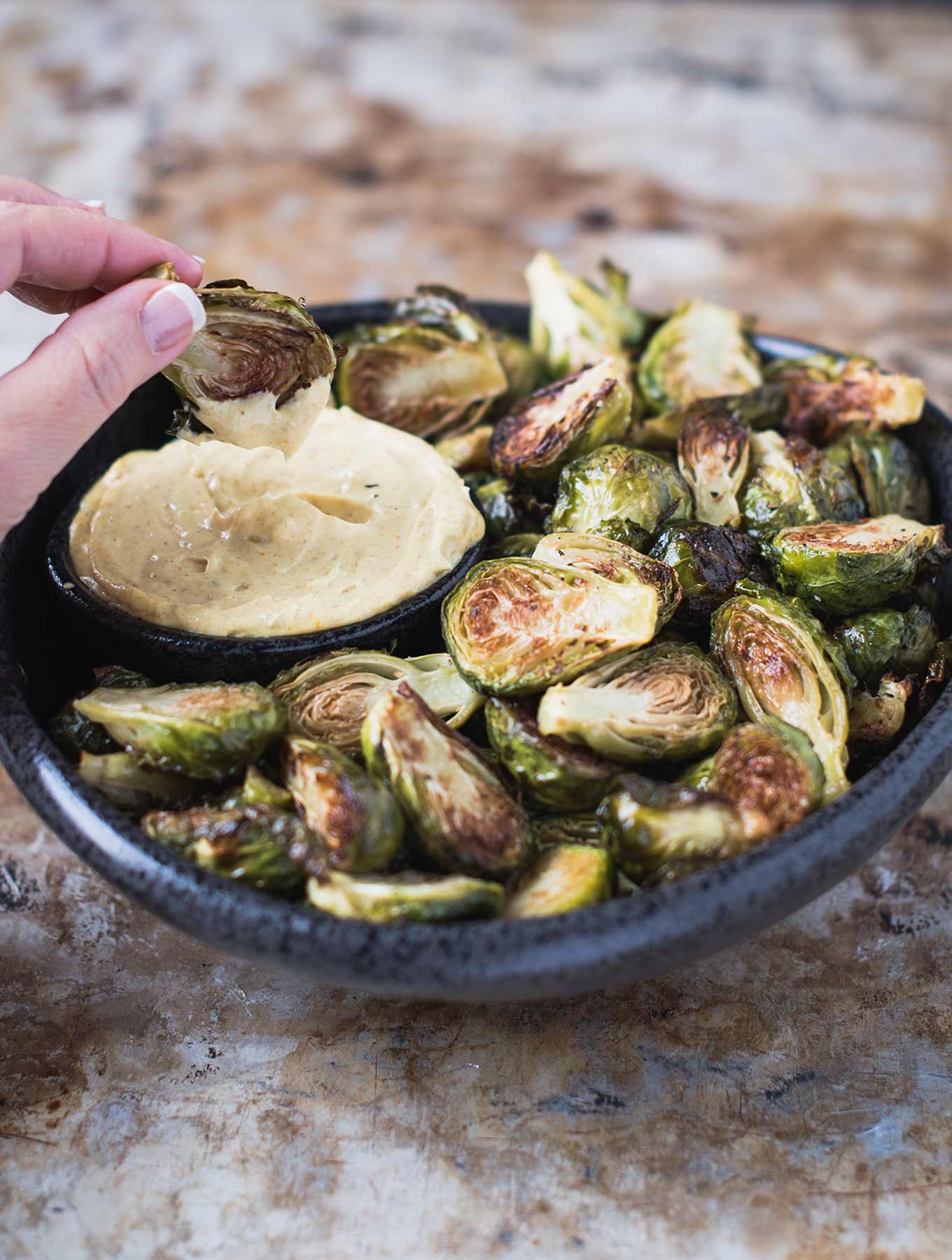Roasted brussels sprouts with curry aioli