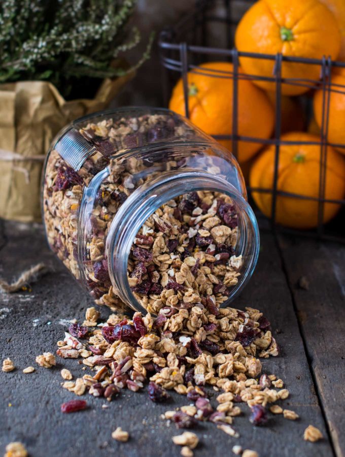 Maple cardamom granola in a glass jar