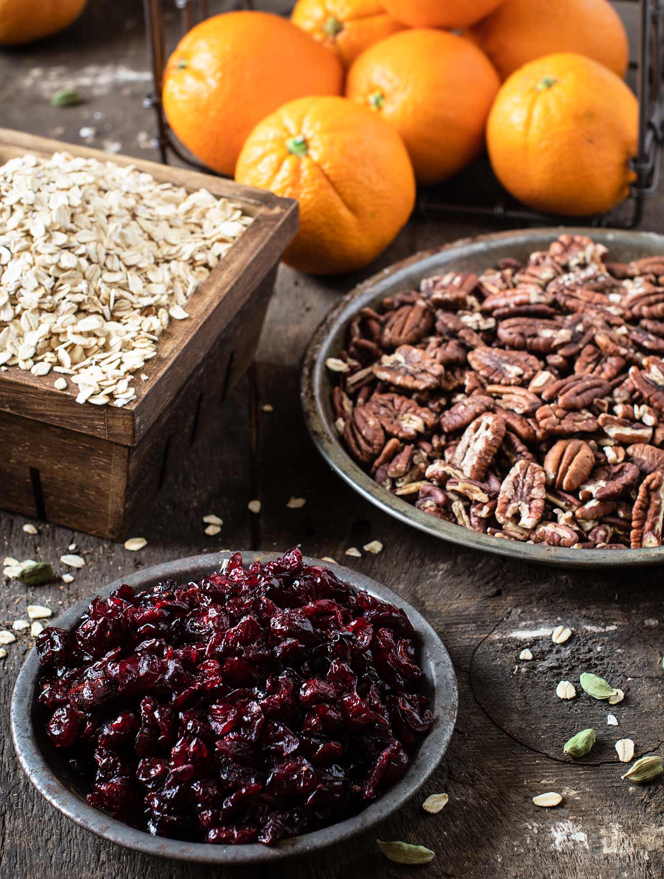 Oranges, oats, pecans and cranberries