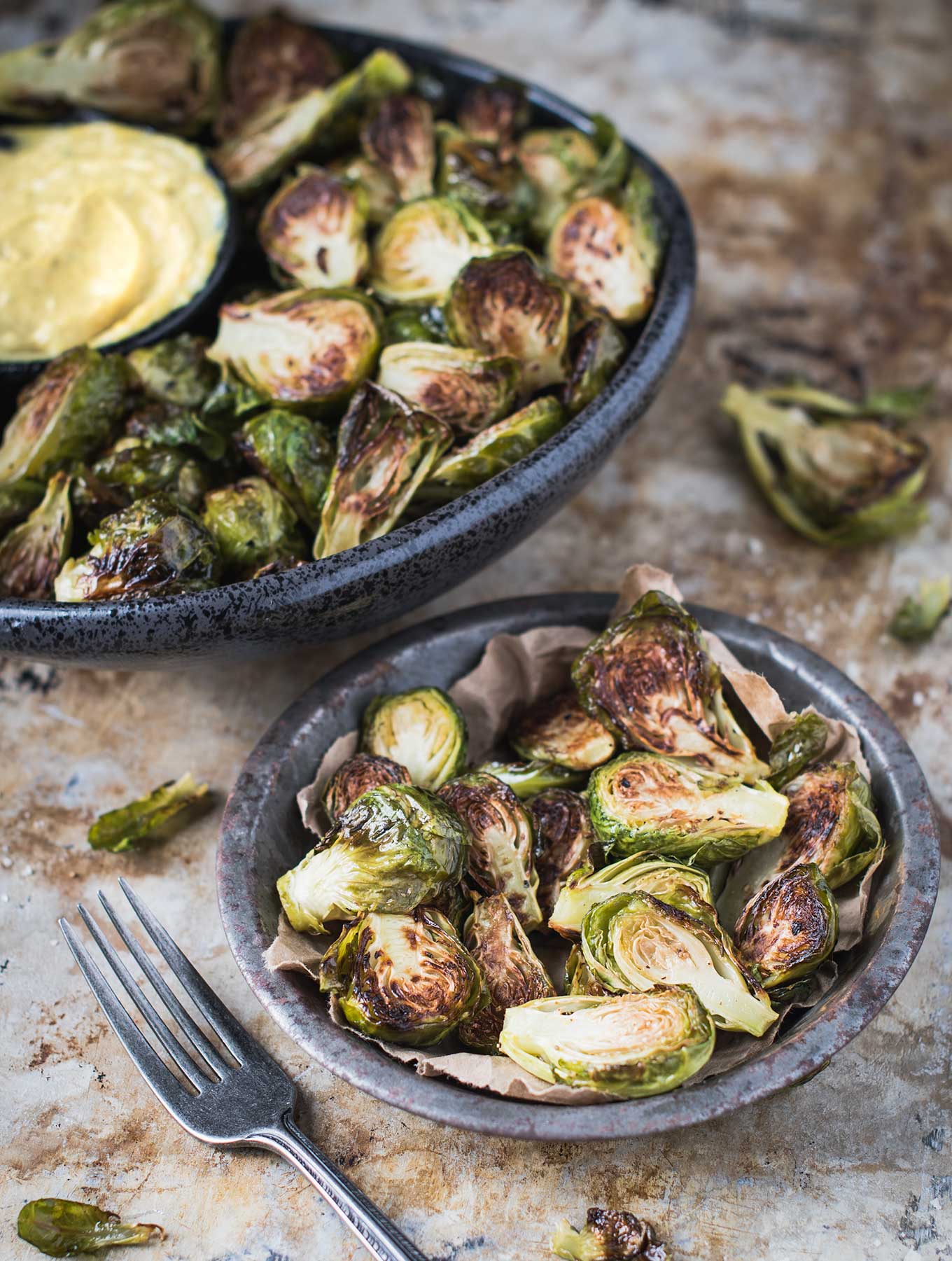 Roasted brussels sprouts with curry aioli