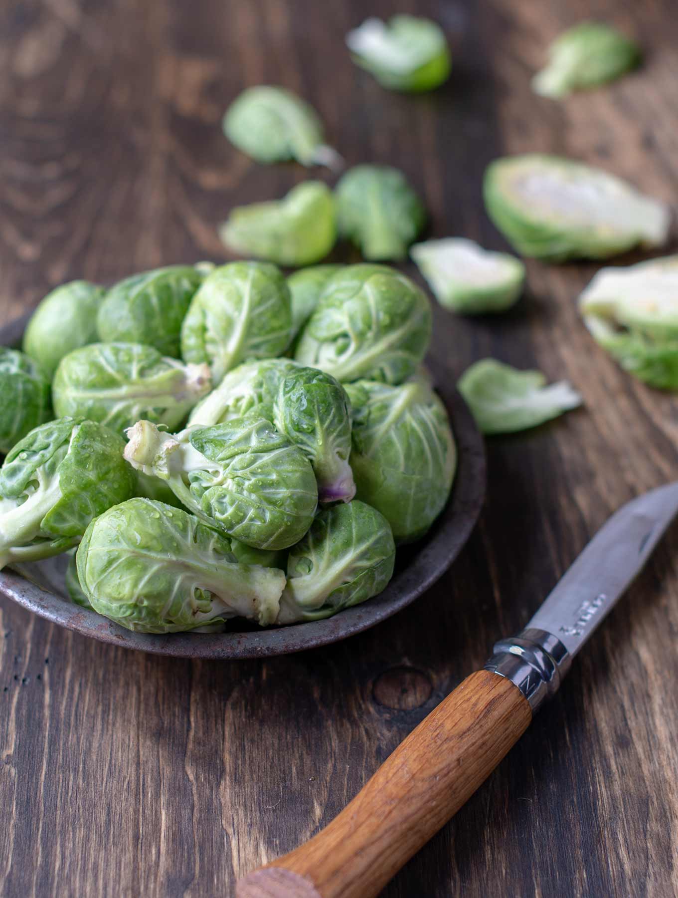 Raw brussels sprouts in a tin