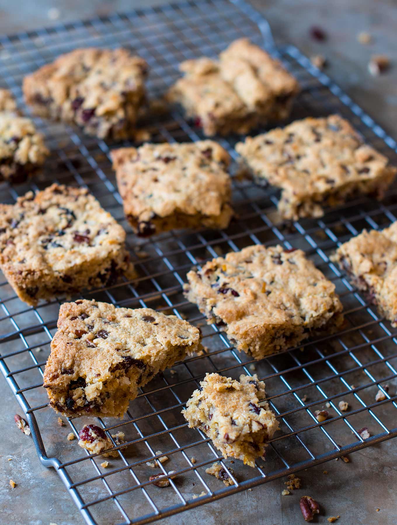 Orange cranberry chocolate bars on warming rack