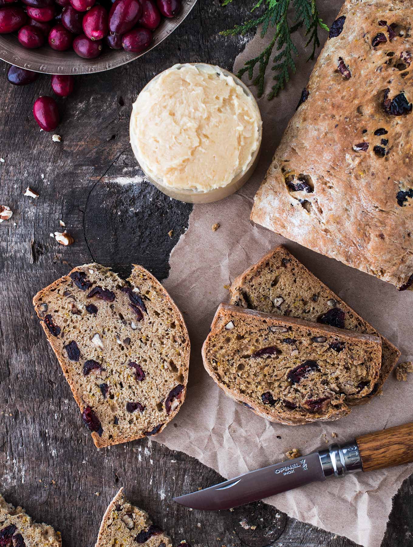 Cranberry kombucha pecan bread with candied ginger butter