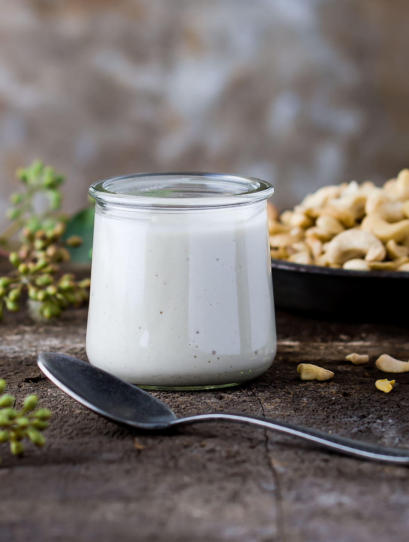 Cashew cream on a wooden surface