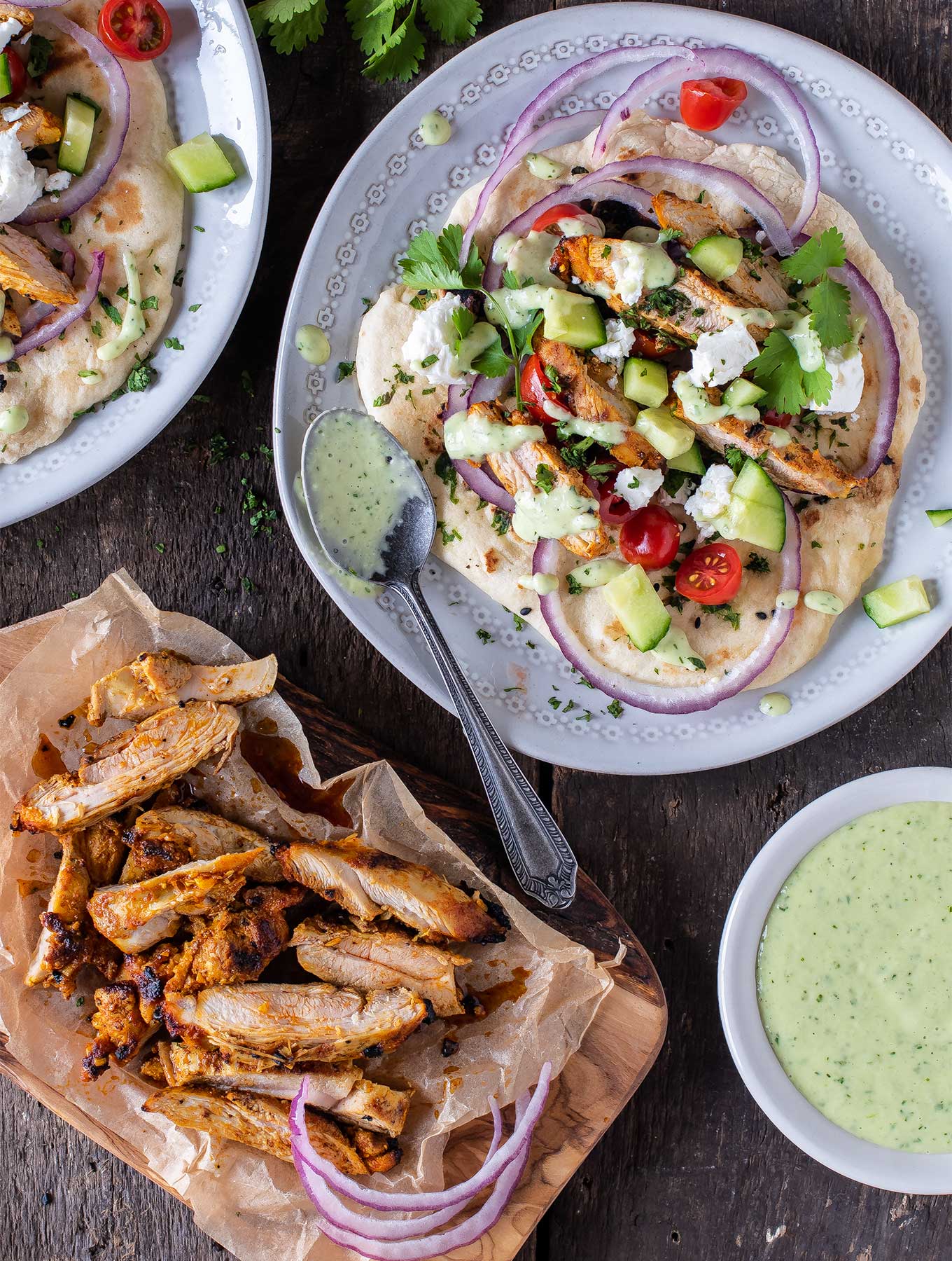 Chicken shawarma wraps on naan bread