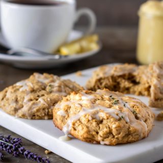 Plate of lemon thyme scones with a cup of tea