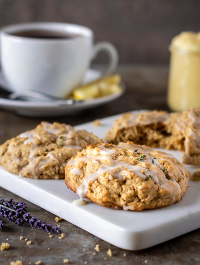 Plate of lemon thyme scones with a cup of tea