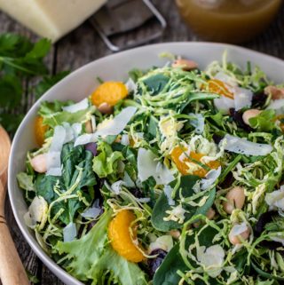 close up photo of shaved brussels sprouts salad