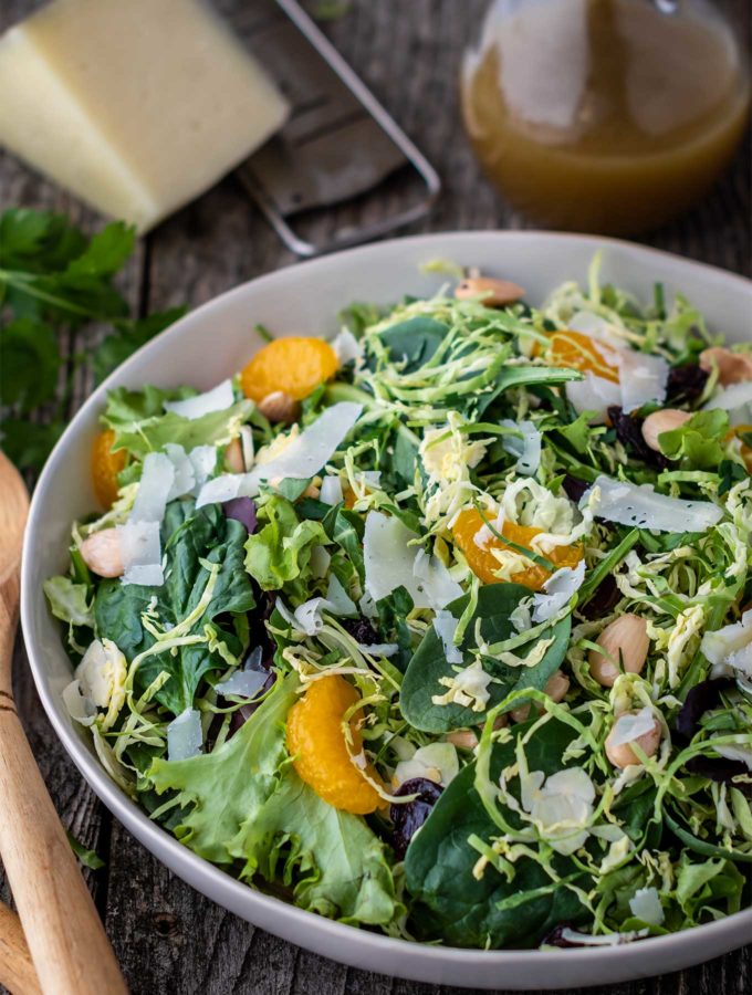 close up photo of shaved brussels sprouts salad