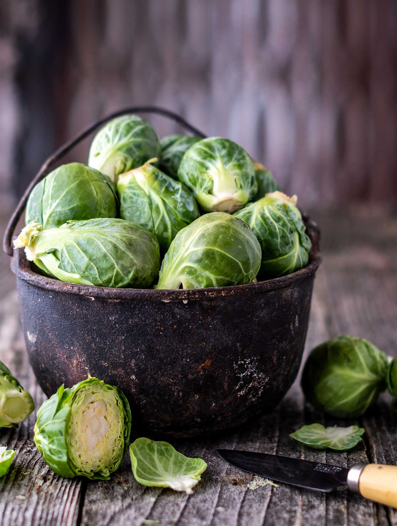Metal bowl of brussels sprouts