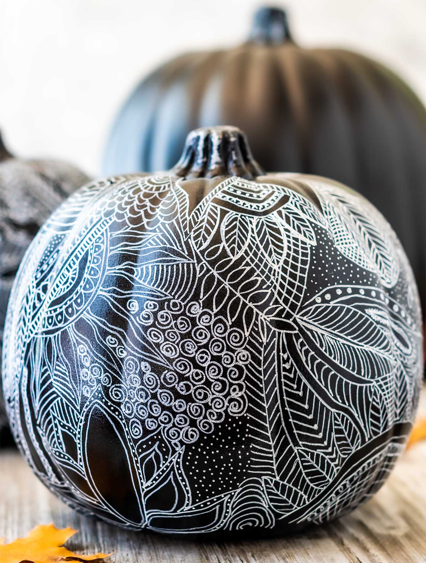 Close up of black and white zentangle pumpkin