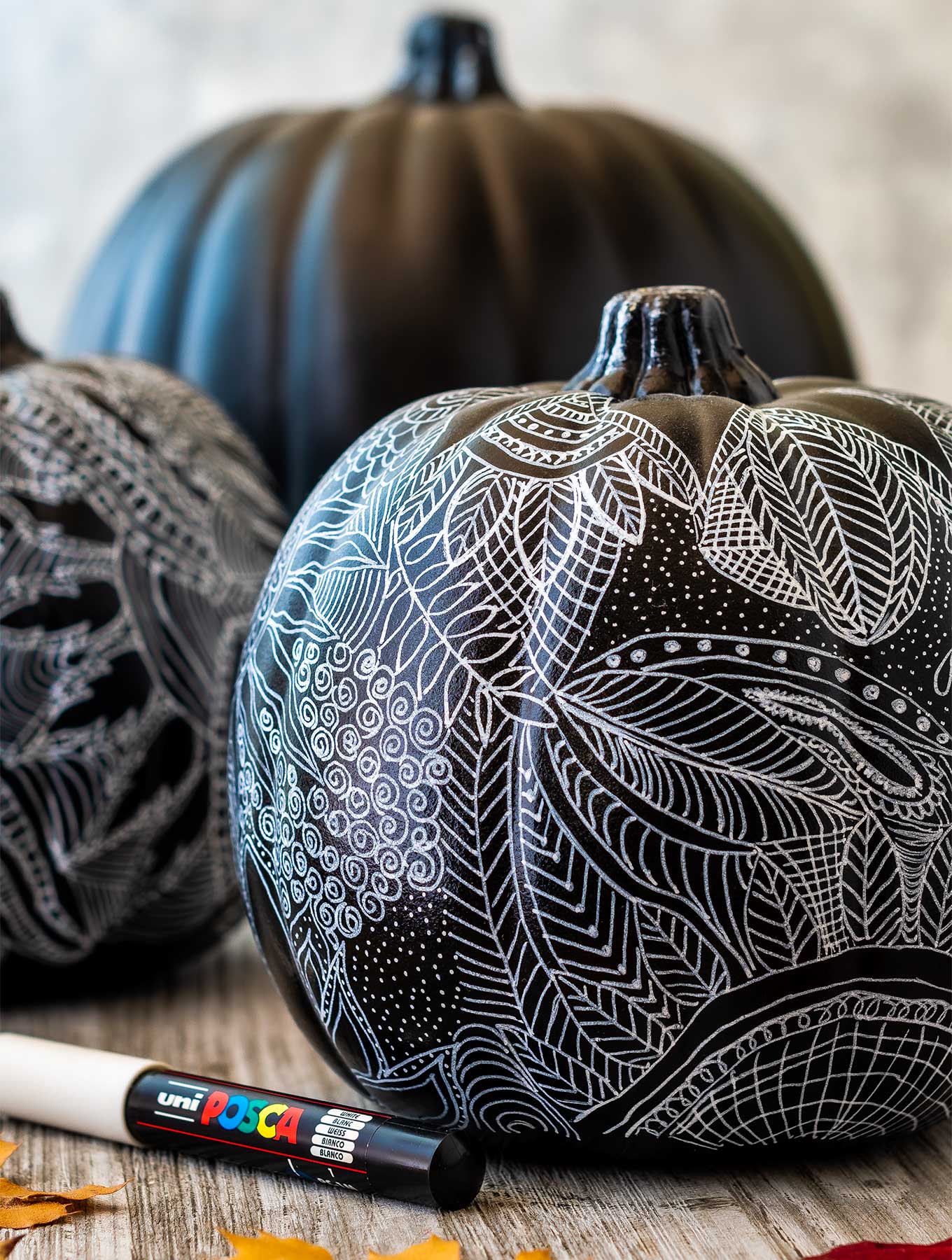 Close up of black and white zentangle pumpkin