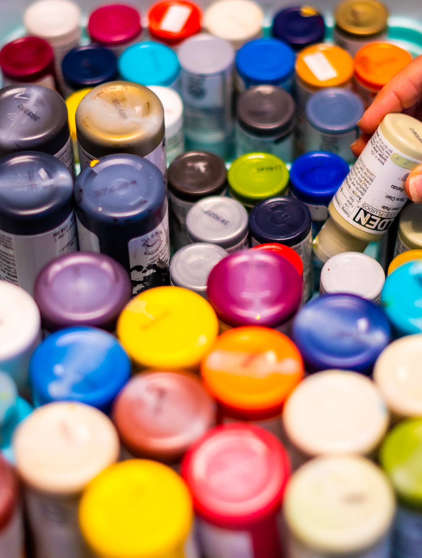 Collection of bottles of colored paints