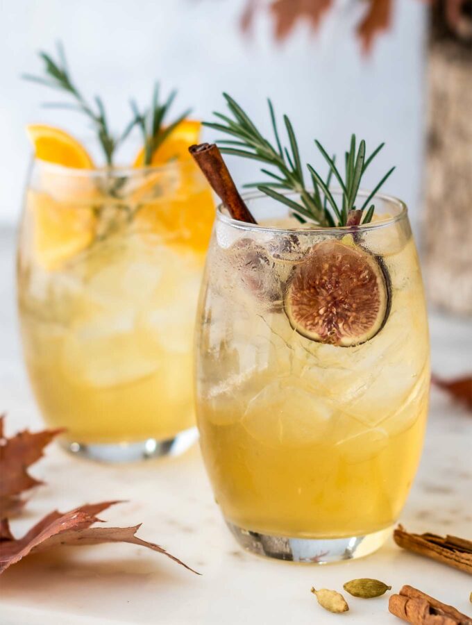 Close up photo of two glasses of fall sangria